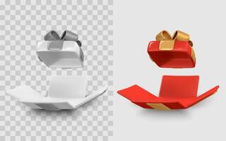 Gift Box Surprise with Ribbon in Modern 3D Cartoon Style. Festive Open Present Icon for Celebration, Holiday, or Sale Event Design. Red and White Color Variants. Illustration vector
