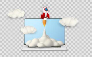 Startup Rocket Launching from Laptop Screen with Clouds and Smoke in 3D Cartoon Style, Symbolizing Innovation, Technology, and Growth. Perfect for Web and App Concepts. Illustration vector