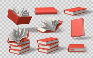 Red Book Set in Various Positions with Open and Closed Pages. Ideal for Education, Library, and Reading Concepts. Illustration vector