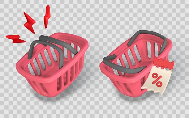 Shopping Basket Icon Set With Discount Coupon and Urgent Purchase Symbol, 3D Rendered Isolated Clipart. Perfect for E-Commerce and Retail Marketing. Illustration