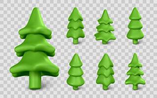 3D Cartoon Pine Tree Icons Set, Minimalist Evergreen Fir Shapes for Game Design, UI, or Holiday Decor. Bright Green Stylized Forest Elements. Illustration vector