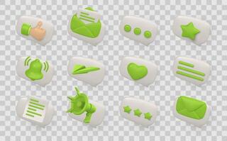 3D Social Media Icons Set with Thumbs Up, Messages, Email, Notifications, and More in Modern Green and White Style. Perfect for UI UX Design and App Interfaces. Illustration vector