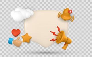 Social Media Elements With Notification, Like, Heart, Star, and Megaphone Icons Around Blank Text Bubble. 3D Rendered UI Concept. Illustration vector