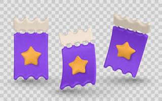 Event Ticket Icon Set in 3D Cartoon Style with Star Symbol. Perfect for Cinema, Concerts, Festivals, and Shows. Colorful and Fun Design Elements. Illustration vector