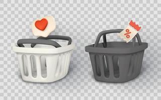 Shopping Basket Icons with 3D Heart and Discount Tag in Modern Monochrome Style. Perfect for Online Stores, Marketing, and UI Design. Illustration vector