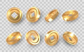 Gold Coin 3D Render With Square Hole. Shiny Ancient Style Token Rotation Set. Isolated Realistic Illustration vector