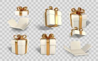Gift Boxes with Golden Ribbons in Different Open and Closed Positions for Holiday or Celebration Design. Illustration vector