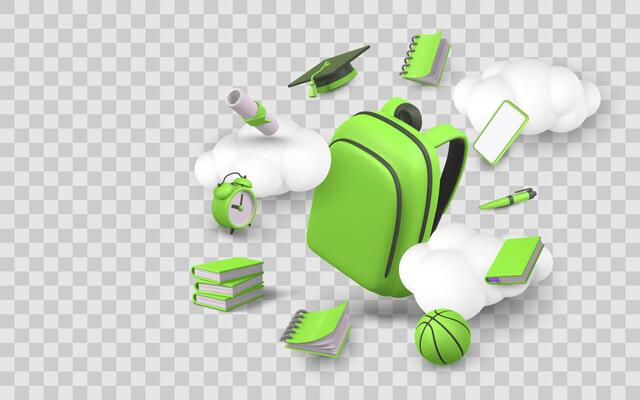 School Supplies Flying Around Backpack in Cloudy Sky, Including Books, Alarm Clock, and Graduation Cap. Fun Back to School Concept. Illustration