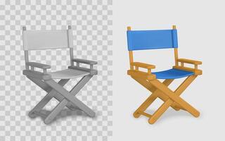 Director Chair Icon in 3D Render Style, Front View of Classic Folding Wooden Chair with Canvas Seat and Backrest in Gray and Blue Colors. Illustration vector