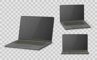 Realistic Laptop Mockup Set With Black Screen and Keyboard, Shown in Multiple Angles. Ideal for Tech Design Projects. Illustration vector