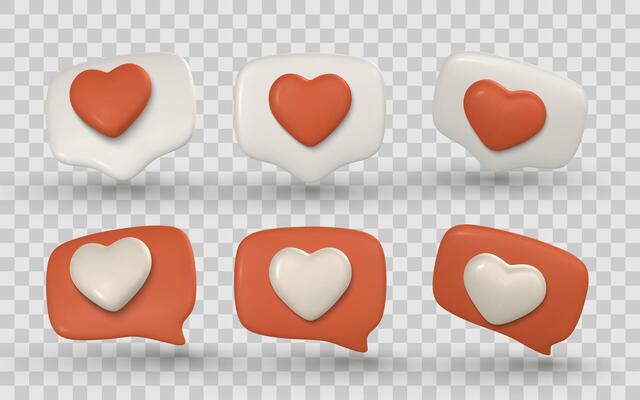 Heart Chat Bubbles in 3D Cartoon Style for Social Media and Love Reactions. Red and White Plastic Icons with Soft Shadows. Illustration
