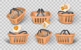 Shopping Basket Icons with 3D Elements Like Discount Ticket, Like, and Heart. Perfect for E-Commerce, Marketing, and UI Design. Illustration vector