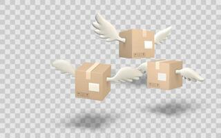 Flying Delivery Boxes with Wings in 3D Cartoon Style Representing Fast Shipping, Express Logistics, or Online Shopping Concept. Illustration vector
