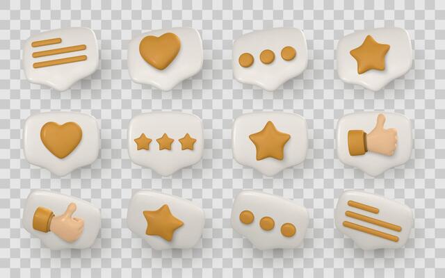 3D Chat Bubble Icons With Like, Star, Heart, and Message Symbols in Glossy Cartoon Style for Social Media UI and App Design. Illustration