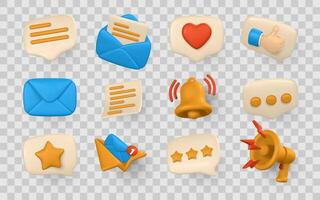 Social Media Icons, Notification Symbols, Like, Message, and Rating UI Elements in 3D Cartoon Style. Bright and Engaging User Interface Set. Illustration vector