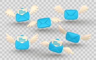 Flying Mail Envelopes with Wings and Letters, 3D Cartoon Style Icon Set for Email, Message, Communication or Delivery Concept. Illustration vector