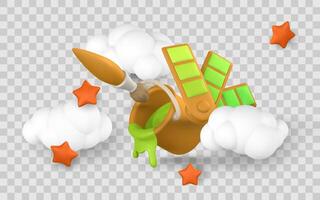 Paintbrush, Green Paint Bucket, and Color Palette in Cute 3D Cartoon Style with Stars and Clouds. Fun Art and Design Concept. Illustration vector