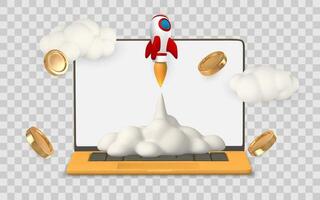 Startup Concept with Rocket Launching from Laptop, Surrounded by Clouds and Flying Coins. Perfect for Business, Tech, and Finance Themes. Illustration vector