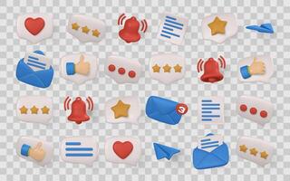 3D Chat and Message Icons Pack Speech Bubbles with Heart, Stars, Notification Bell, Email, Paper Plane and Thumbs Up. Perfect for UIUX and Social Media. Illustration vector
