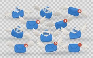 Flying Email Icons with Notification Badges and Wings in 3D Style, Ideal for Message Alerts, Communication Apps, and Web UI Elements. Illustration vector