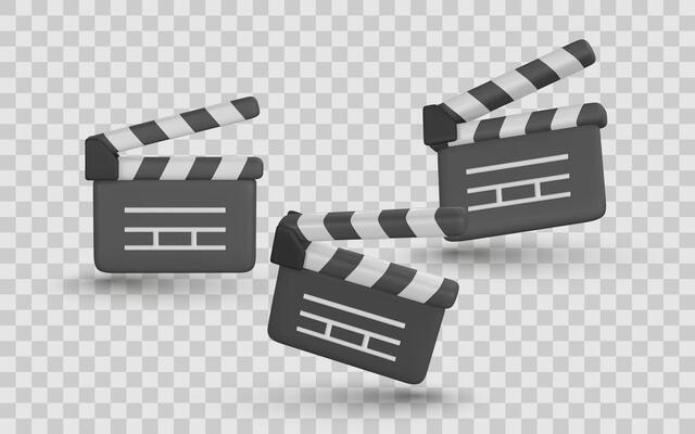 Movie Clapperboard Icon Set in 3D Cartoon Style. Film Industry Symbols for Production, Cinema, and Editing Projects. Creative Media Assets Pack. Illustration