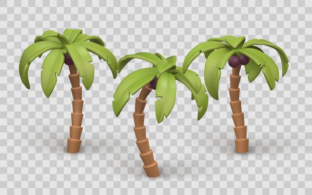 Cartoon Coconut Palm Trees Set with Tropical Green Leaves and Brown Trunks. Ideal for Summer, Beach, and Island Designs. Illustration