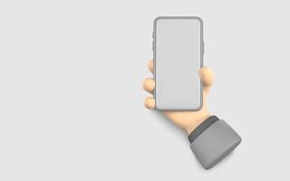 Smartphone in Hand 3D Render with Blank Screen for App, UI, or Website Mockup. Modern Mobile Technology Concept in Cartoon Style. Illustration vector