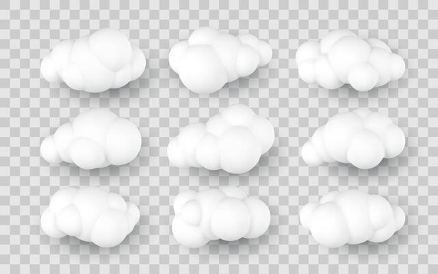White 3D Cloud Set, Soft Puffy Cartoon Style for Weather, Sky, or Dream Design Elements, Illustration