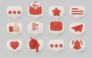 3D Chat and Social Media Icons Set in Speech Bubble Shapes Including Message, Like, Mail, Star, Heart, and Alert Symbols. Perfect for UIUX and App Design. Illustration vector
