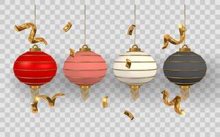 Chinese Lantern 3D Render With Golden Ribbon. Traditional Festival Decoration in Multiple Colors. Isolated Realistic Illustration vector