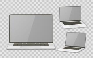 Laptop Mockup, Realistic Computer Device Template With Keyboard And Screen, Front And Isometric Views. Illustration vector