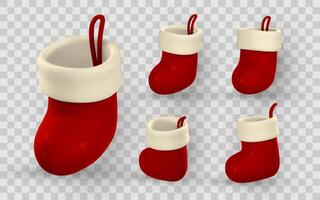 Christmas Stocking Icon Set in 3D Cartoon Style. Red and White Sock Decorations with Loop for Hanging. Festive Holiday Element Pack. Illustration vector