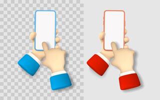 Mobile App Interface with Hand Holding Smartphone and Touch Gesture in 3D Cartoon Style, Perfect for UX UI Concepts and Technology Themes. Illustration vector