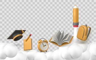 Education 3D Cartoon Icons with Pencil Rocket, Books, Backpack, Clock, and Graduation Cap on Clouds. Ideal for Learning and Back to School Concepts. Illustration vector