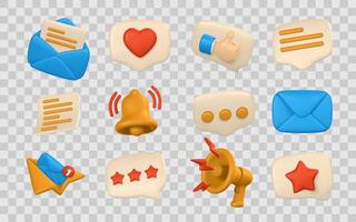 Social Media Icons and Notifications in 3D Cartoon Style, Including Mail, Chat, Like, Heart, Bell, Star, and Megaphone Symbols. Perfect for UI UX Design. Illustration vector