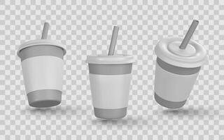Realistic 3D Disposable Coffee Cups With Lids and Straws Floating. Perfect for Branding and Packaging Design. Illustration vector