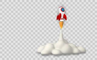 Startup Rocket Launching with Smoke and Fire Trail, Symbol of Innovation, Growth, and Success. 3D Cartoon Style. Illustration vector