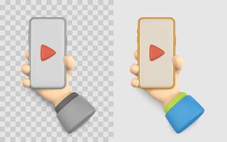 3D Hand Holding Smartphone With Play Button Icon, Perfect For Media, Mobile App, And Streaming Concepts. Cartoon Style Illustration vector