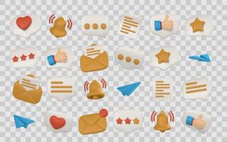 Social Media Icons Set With 3D Speech Bubbles, Likes, Stars, Envelopes, and Notification Bell Symbols. Colorful Modern UI Elements for Messaging and Reviews. Illustration vector