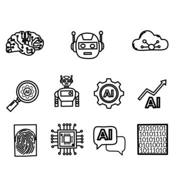 Minimalist black outline AI icons set. Perfect for tech UI, websites, and presentations. Includes icons of robots, AI gears, fingerprints, chips, data, and communication vector