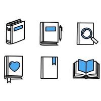 Set of editable book icons in outline and filled styles, including various book shapes, symbols like hearts and pens, and an open reading book. Suitable for academic designs, library websites vector