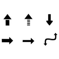 Set of 6 minimal arrow icons in flat style. Includes upward, downward, straight, and curved arrows. Ideal for apps, UI, and navigation graphics vector