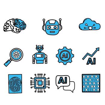 A set of artificial intelligence icons with blue highlights. Includes robots, brain, cloud computing, fingerprint, circuits, and data elements. Suitable for tech presentations, AI-related content vector