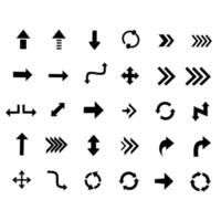 Set of black arrow icons in various directions and styles. Includes straight, curved, circular, and navigation arrows. Ideal for UI, infographics, and presentations vector