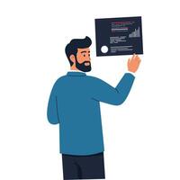 illustration of a bearded man presenting data on a chart. Business concept of analytics, performance review, and teamwork. Corporate man giving a presentation in an office setting vector