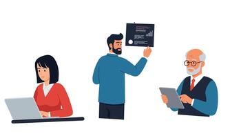 Flat illustration of diverse professionals using digital devices. A businesswoman working on a laptop, a bearded man presenting data on a chart, and an elderly man using a tablet. vector