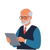 illustration of an elderly man using a digital tablet. Senior professional browsing or working on a tablet. Concept of modern technology, digital inclusion, and age diversity in the workplace vector