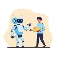 humanoid robot handing a package to a man. Perfect for topics about automation, AI delivery, robotics in logistics, or future technology and services vector