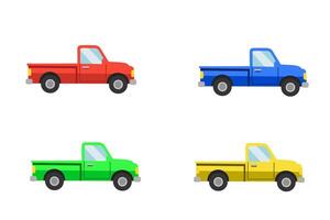 Illustration of four pickup trucks in red, blue, green, and yellow. Flat style side view, suitable for logistics, education, and animation graphic needs. vector