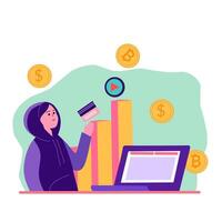 Illustration of a person in a hoodie holding a credit card in front of a laptop with bar charts and cryptocurrency icons. Concept of cybercrime, online payment, or digital economy in flat style vector
